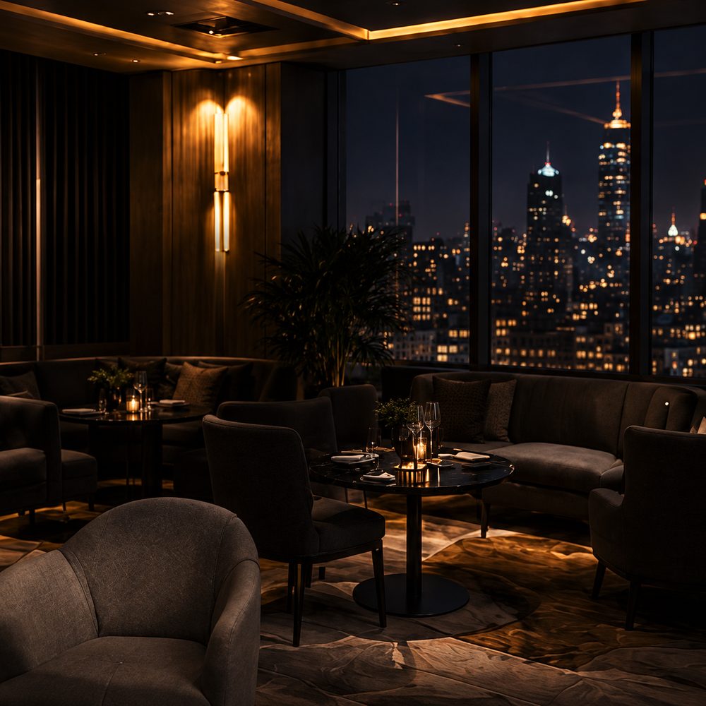 A dimly lit upscale lounge overlooking a city skyline at night